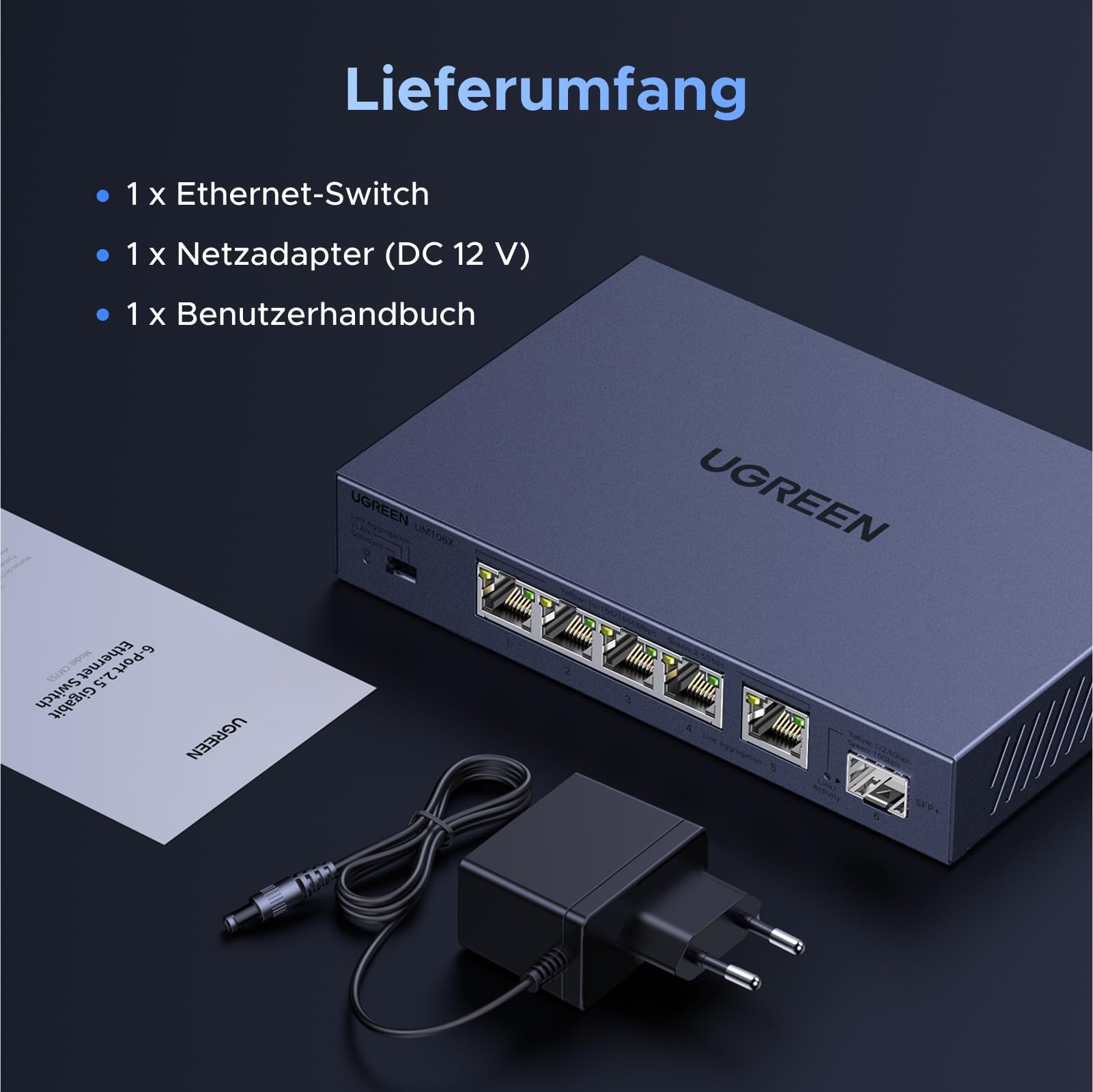 UGREEN 2.5G LAN Switch mit 5X 2.5G Ports+1X10G SFP+ ,Unmanaged Netzwerk Switch für Computer,NAS,Server,WiFi 6 AP, Schnelle Datenübertragung,Desktop/Wandmontage Metallgehäuse