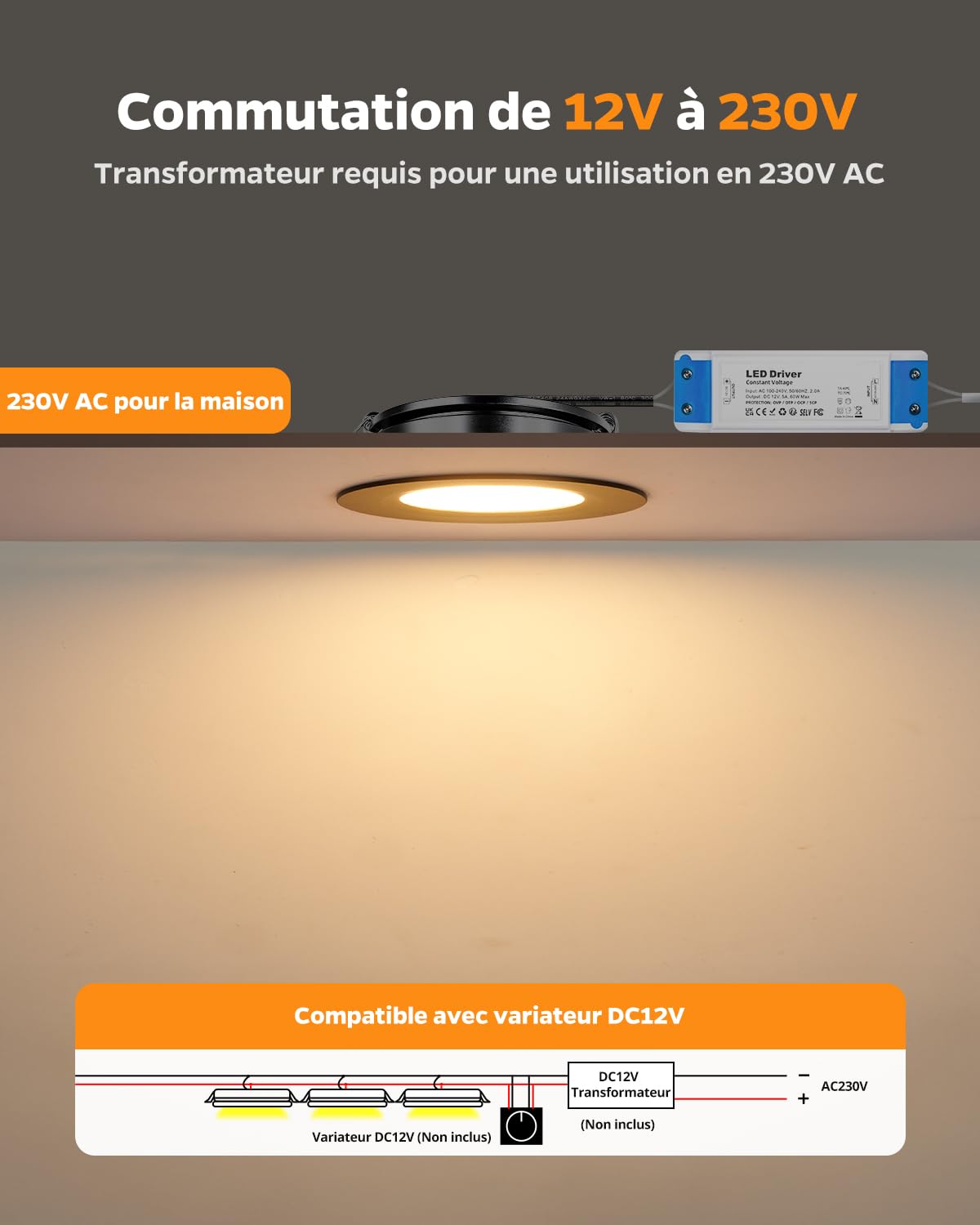 Sanyoung Spot LED Encastrable 12V Camping-car, 3W Alu Spot Extra Plat Dimmable 3000K Blanc Chaud 240LM, IP44 Spots Salle de Bain Trou 58-62mm, Spots LED 12V pour Caravane Van Bateau, Lot de 3, Noir
