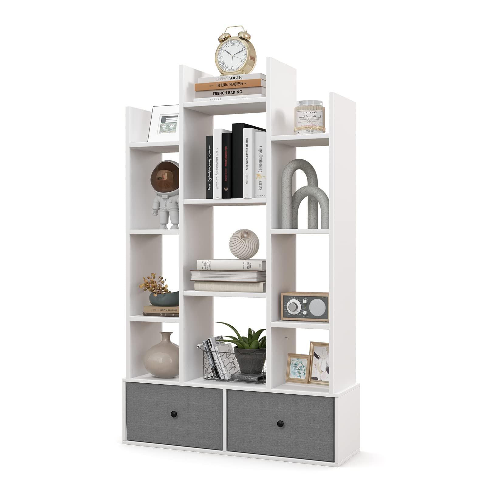 SFAREST Tree-Shaped Bookshelf, 7/12 Tier Floor Standing Wooden Bookcase with Foldable Drawers, Storage Display Book Rack Shelving Unit for Living Room Study Office(White,12 Cubes+2 Drawers) — image 1