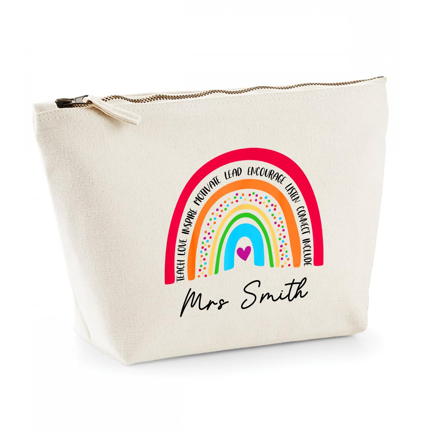 Personalised Teacher Gift - Custom Name Pencil Case with Bright Rainbow & Motivational Words - Zip Canvas Pouch for End of Term Thank You - School, Nursery or SEN Staff Present โ image 1
