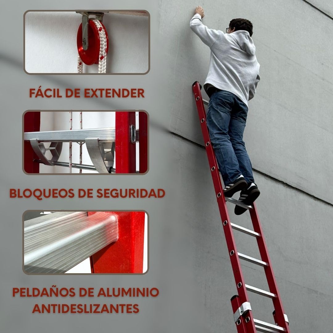BTF | Escalera de Fibra de Vidrio 2 tramos 3,5 MTS, de 12 peldaños x Tramo | Escalera Extensible por Cuerda | Altura alcanzable Aprox. 7,0 Metros | Certificada EN131 - Carga 150 kg. BTF-EDFEC6635