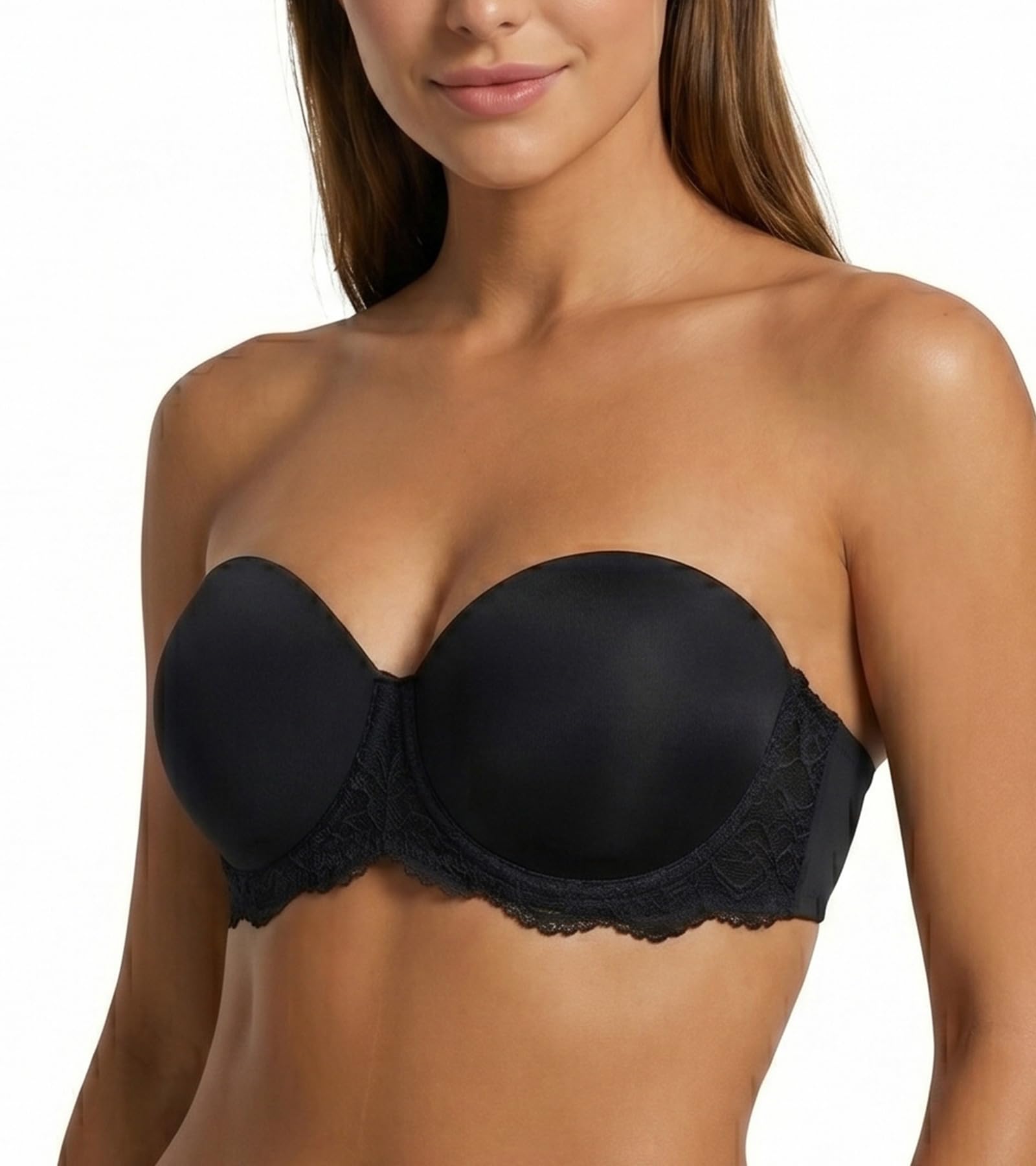Lemorosy Brasier sin tirantes de encaje para mujer, talla grande, cobertura completa, con aros, alfombra roja, contorno multidirección, sin tirantes