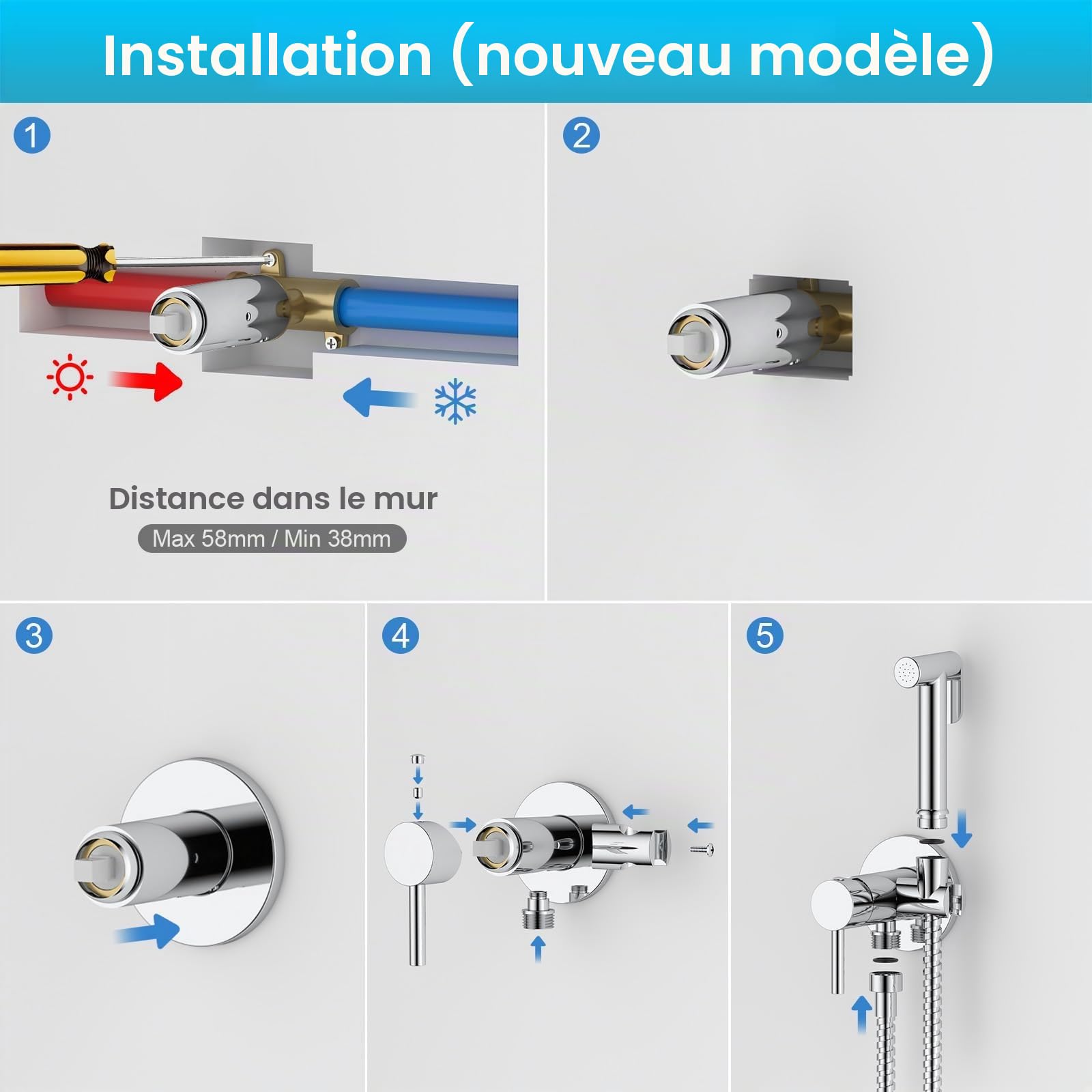 GRIFEMA kit robinet bidet argent avec douchette WC | Mitigeur en laiton, flexible 1,2 m, robinet d'arrêt, support mural, eau chaude et froide
