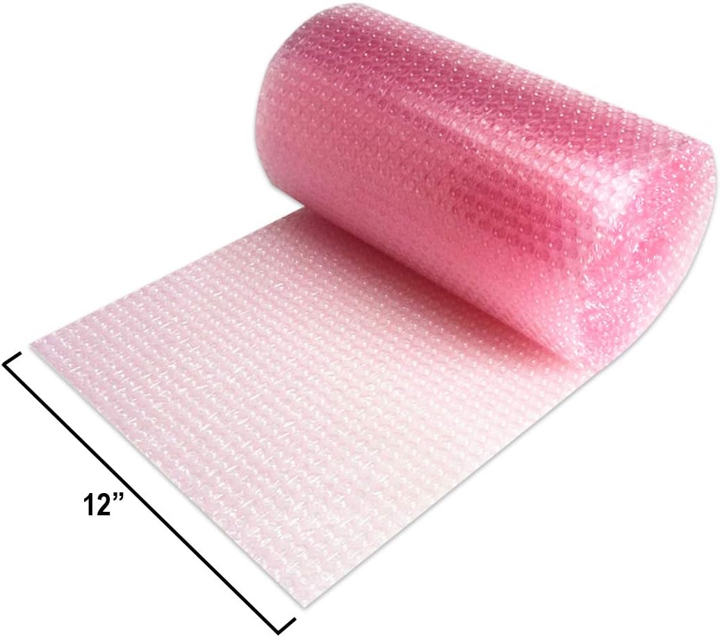 2 Pack of Mighty Gadget Bubble Cushioning Wrap Rolls, 12" x 72’ ft Total, Perforated Every 12" for Packaging, Shipping, Mailing Free Bonus Fragile Stickers Included (Pink Antistatic)