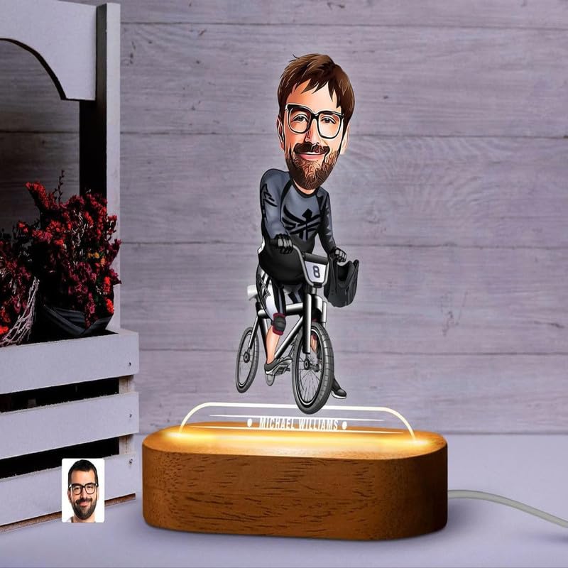 Image of THE GRANDEUR Caricature Gift for Men, Custom LED Bicycle Rider Cartoon Lamp for Him - Personalized Cycling Figurine, Birthday Gift for Men, USB Night Light Decor, (15 x 6 cm)