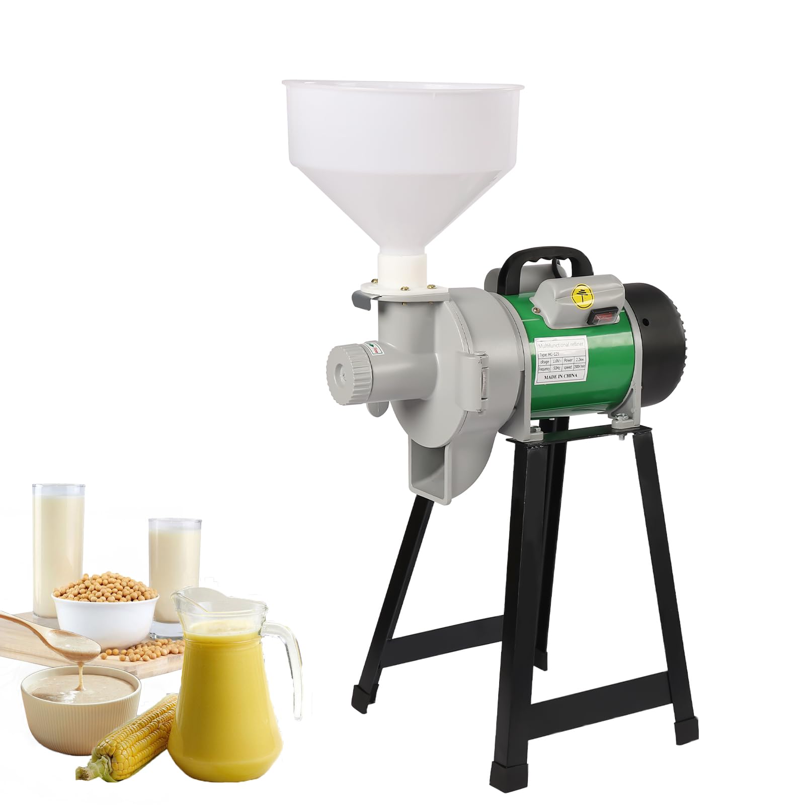 Electric Grain Mill Grinder, 2200W Commercial Grain Grinder Machine, Wet Cereals Grinder with Funnel, Corn Mill Grinder, Rice Grain Mill Flour Mill, Molino De Maiz Electrico (Green)