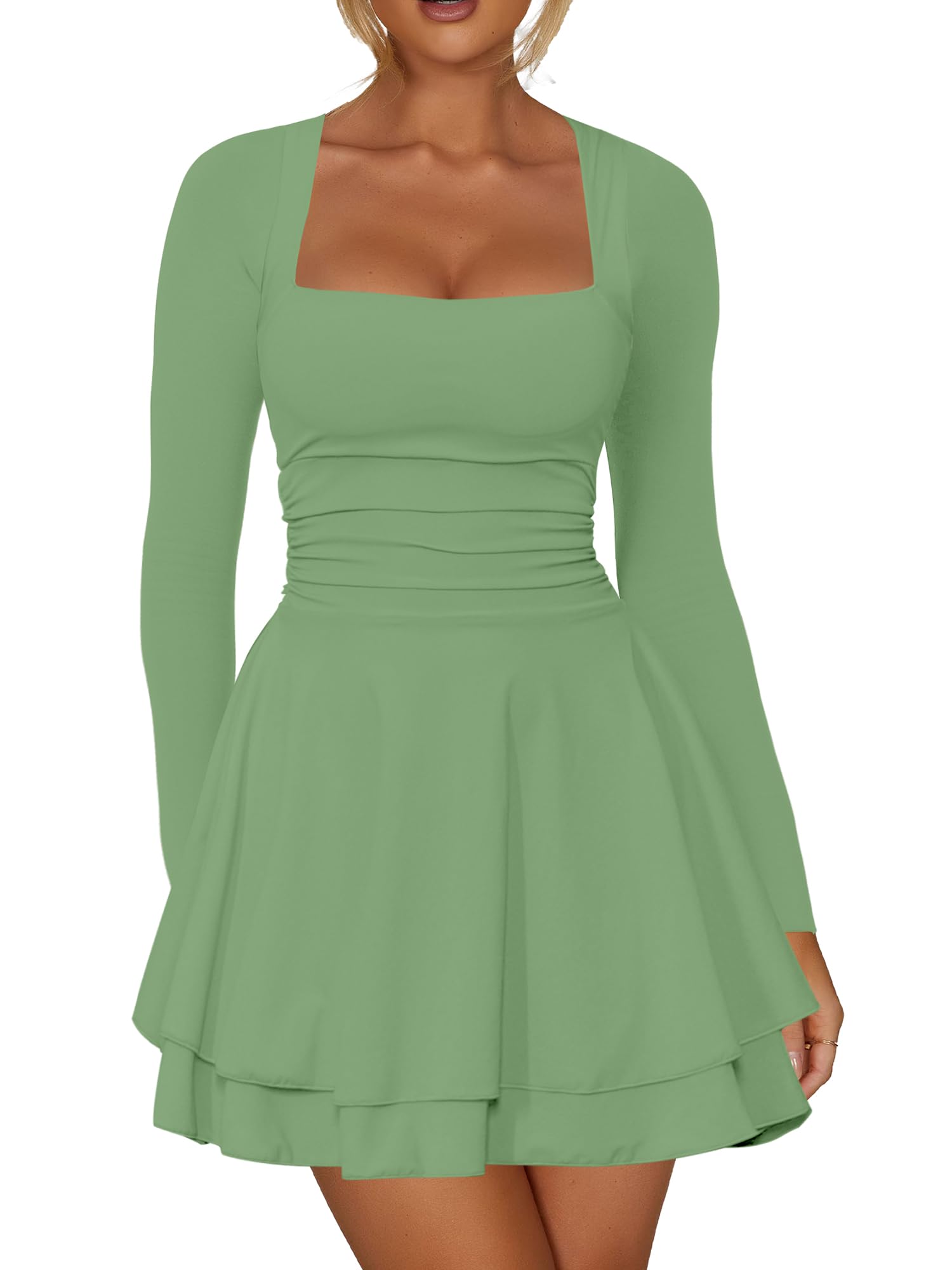 Kaximil Women's Corset Long Sleeve Party Mini Dress | Square Neck Ruffle Hem Ruched Waist Going Out Birthday Short Dresses