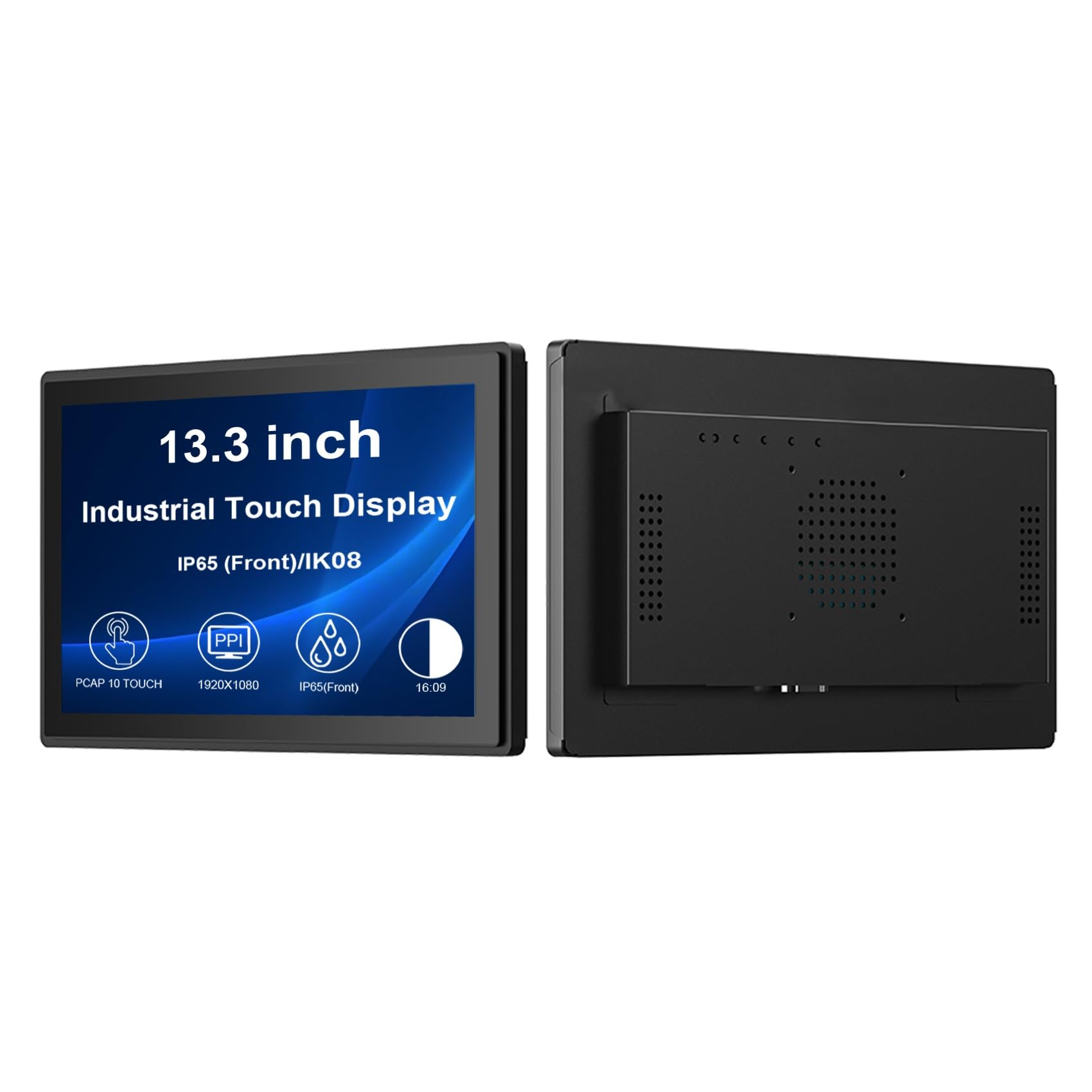 VSDISPLAY Monitor industriale di tocco di 13.3 pollici, 1920×1080, 300 nits | IP65 anteriore, tocco di 10 punti, ampio angolo di visione, corpo del metallo