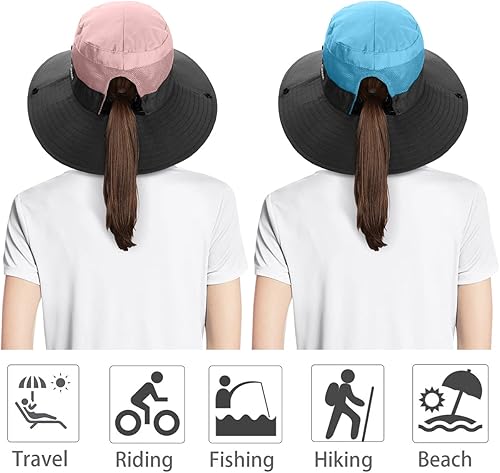 Miniatura 2 de IYEBRAO - Paquete de 2 sombreros de cola de caballo para mujer, con protección UV, sombreros plegables de ala ancha para verano, boonie, playa,