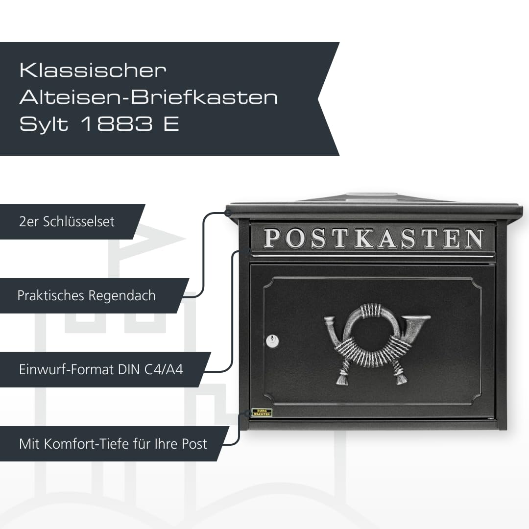 BURG-WÄCHTER Klassischer Briefkasten ohne Zeitungsfach und Namensschild, Verzinkter Stahl, Einwurf-Format DIN C4, 2 Schlüssel, Sylt 1883 E, Alteisen