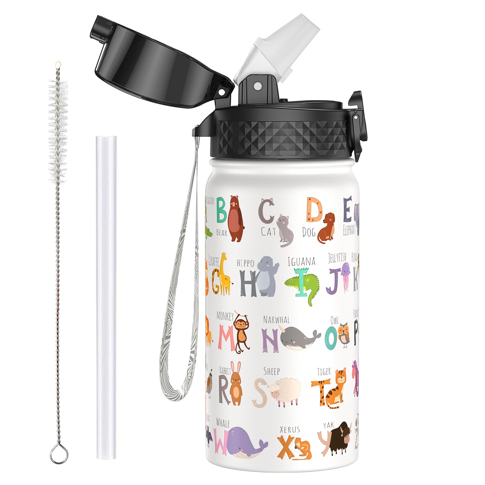 OLDLEY 420ml/14oz Kids Stainless Steel Water Bottle with Straw for School Insulated Metal Water Bottles Leakproof Double Wall Vacuum Small Flask Keep Drinks Hot Cold for Boys Girls (White Alphabet)