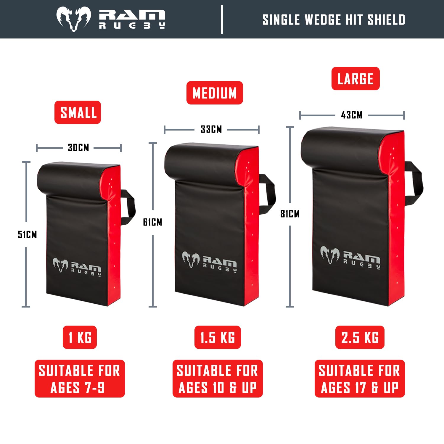 Ram Rugby Single Wedge Hit Shield - Contact Pad - Tackle Shield - Club Quality - Industrial-Grade Water-Resistant PVC - UK Made - Large, Medium or Small - Suitable for Seniors, Juniors & Minis