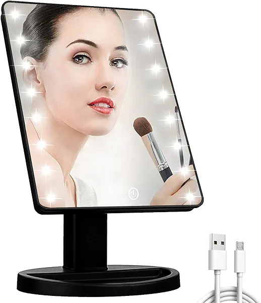 KOOKIN Lighted Vanity Makeup Mirror Led Lights 180 Degree Rotation Lighted Mirror Touch Screen Adjusted Brightness Desk Mirrors USB Dual Supply Bathroom Beauty Cosmetic Mirrors (Black)