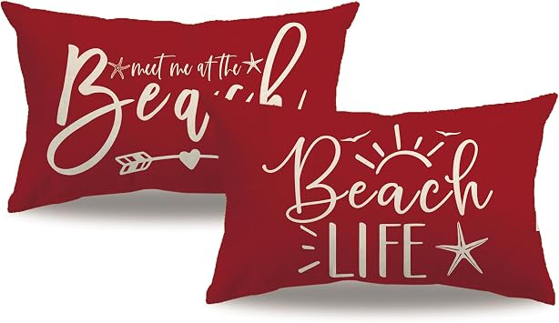 7COLORROOM 2Pack Beach Style Pillow Covers Double-Sided Printed Red Beach Life Starfish Summer Decor Rectangular/Waist Cushion Cover Ocean Theme Coastal Home Decor Pillowcases 1220 Red