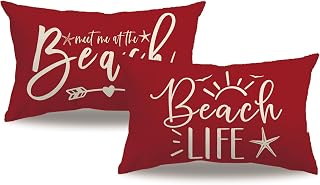 7COLORROOM 2Pack Beach Style Pillow Covers Double-Sided Printed Red Beach Life Starfish Summer Decor Rectangular/Waist Cushion Cover Ocean Theme Coastal Home Decor Pillowcases 12”×20” (Red)