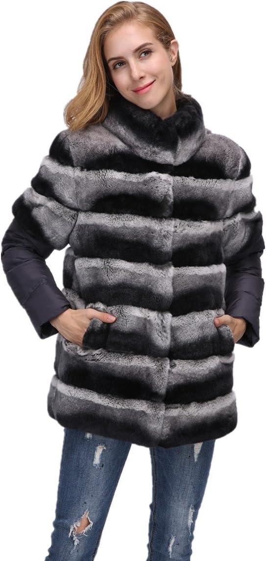 LVCOMEFF Lady Rex Rabbit Fur Chinchilla Coat with Detachable Down Sleeve Fur Vest 1708147