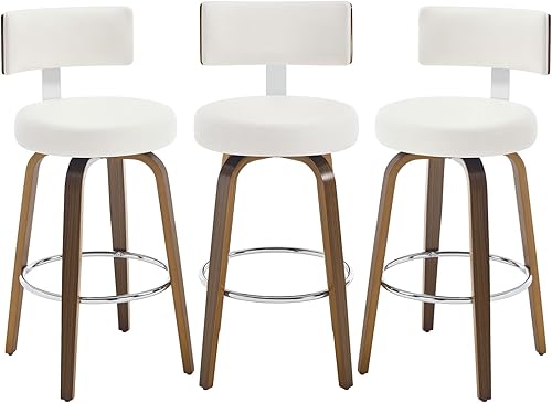 Miniatura 6 de Bekrvio Juego de 3 taburetes de bar giratorios de piel sintética, taburetes de cocina tapizados con respaldo, patas de madera de nogal, sillas de