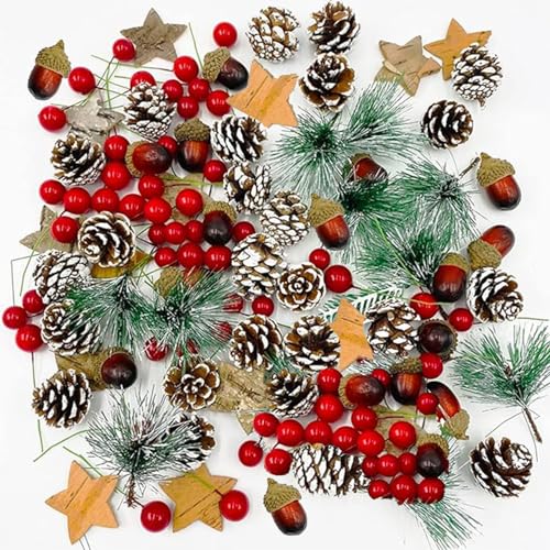 108PCS Christmas Wreath Making Decoration Artificial Pine Cone Berry Set Natural Pine Cone Red Holly Berries Pines Branches for DIY Xmas Wreath Decorations Crafts Christmas Tree Ornament