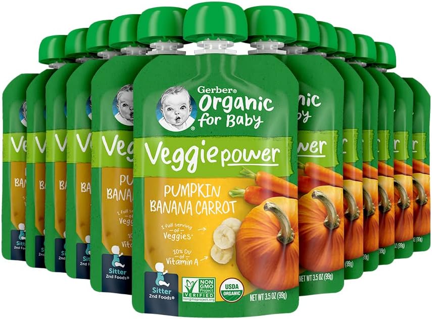 Gerber Organic Baby Food Pouches, 2nd Foods for Sitter, Veggie Power, Pumpkin Banana Carrot, 3.5 Ounce (Pack of 12)