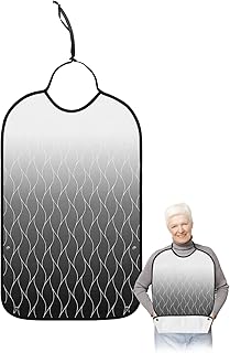 Kewadony Adult Bibs for Elderly Women - Black Ombre Waterproof Dining Clothing Protectors with Crumb Catcher for Eating/Feeding, Moroccan Geometric White Line Abstract Art Terry Cloth Bib Washable