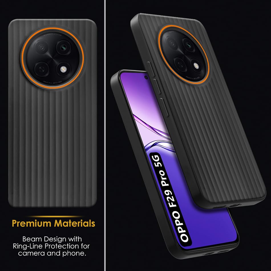 Image of Fashionury Ring Line Beam Design Back Case for Oppo F29 Pro 5G | Ring Line Camera Protection | Vertical Beam Bump Protection | Rubberised Back Case for Oppo F29 Pro 5G (Black)