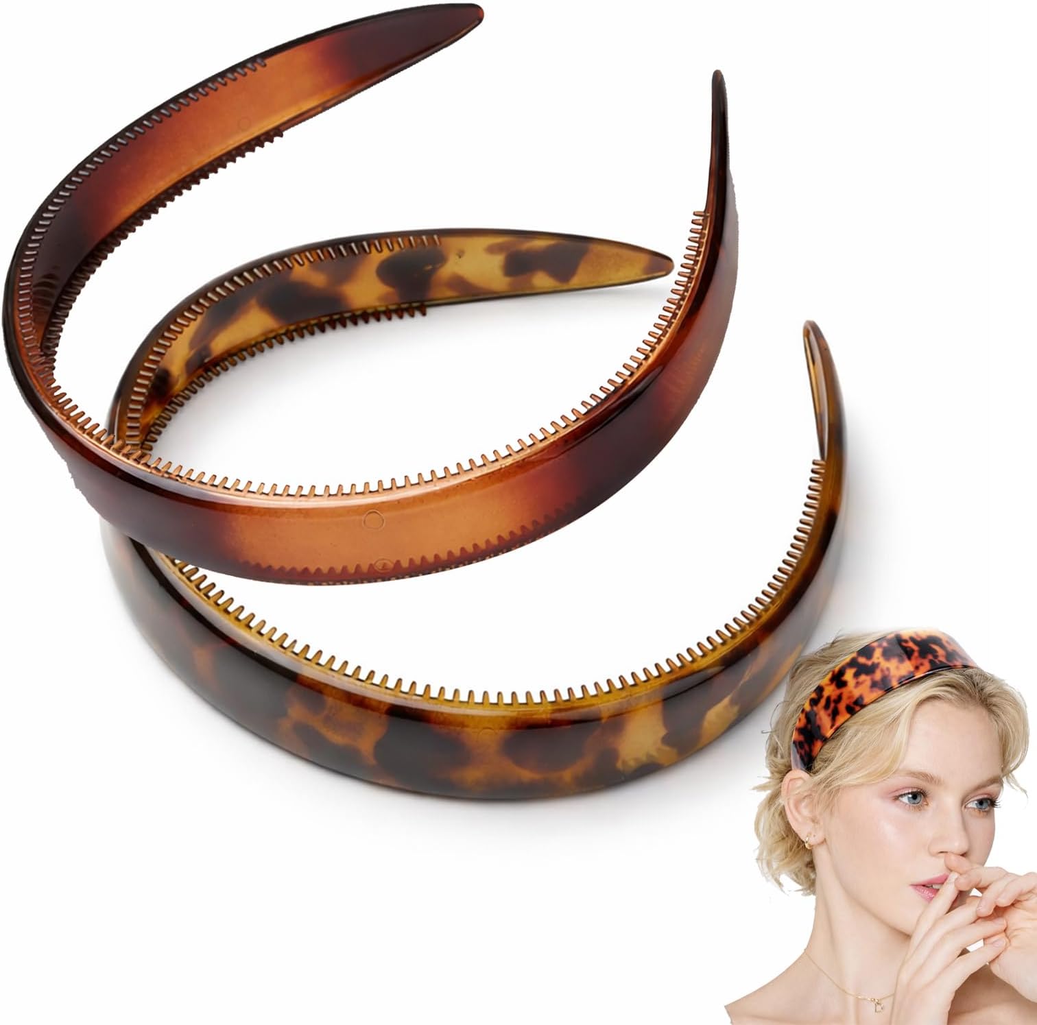 Thick Tortoise Shell Headband, Wide Tortoise Shell Headband with Teeth for Women, Acetate Leopard Plastic Hair Band for Women's Hair No Headache No Slip (Style D+E)