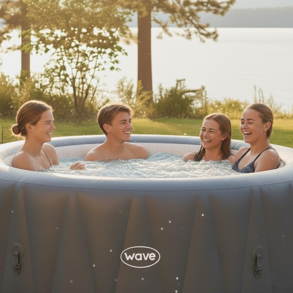 Wave Atlantic Inflatable Hot Tub | Integrated Eco Heater | 110 Aquajet Massage System | Anti-Freeze Protection | Quick 15-Minute Setup (Gray Rattan, 6 Person | Standard)