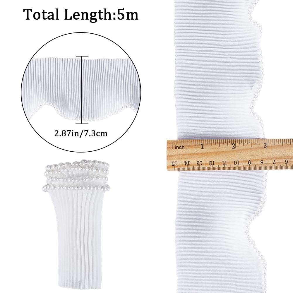 GORGECRAFT 5M 73mm White Pearl Trim Organza Lace Ribbon Ruffle Chiffon Pleated Edge Satin Gathered Edging Trimmings Tulle Fabric for Cloth Wedding Dress Applique Embellishment Diy Sewing Craft - Image 2