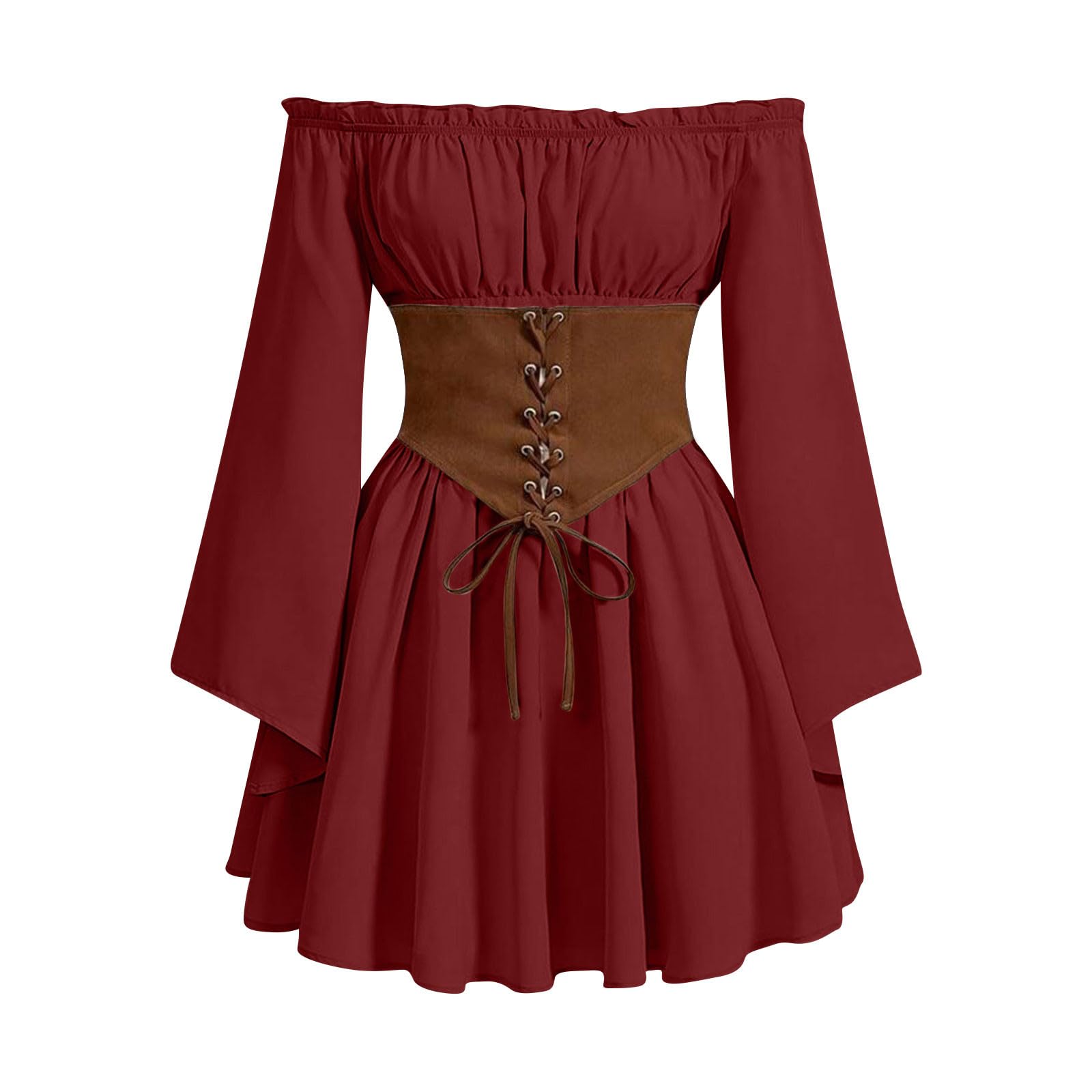 Womens Medieval Dresses Off Shoulder Mini Corset Dress Traditional Irish Dress Fairy Costume Renaissance Elf Ear Costume Elvish Cosplay Halloween Fancy Dresses Pirate Costumes Wine