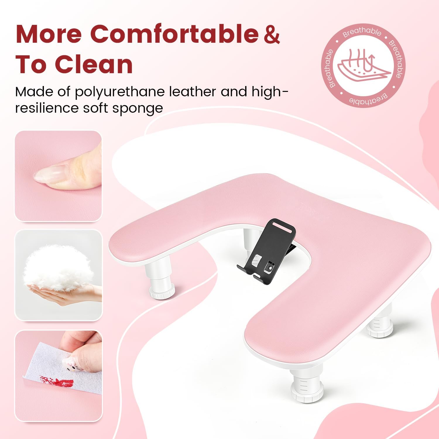 JODSONE Bracciolo rosa a forma di U per chiodo tecnico, con supporto per cellulare girevole a 360° integrato e bracciolo regolabile per manicure in salone