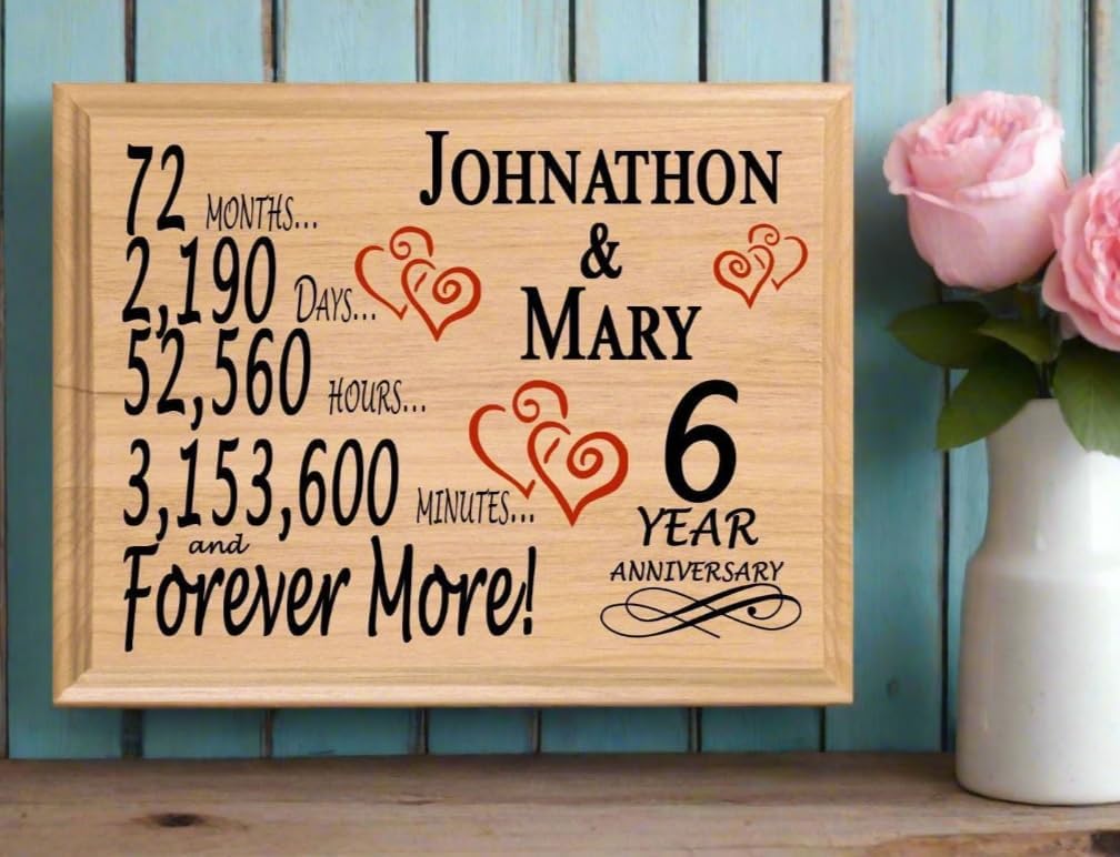 6th Anniversary Sign Gift Personalized 6 Year Wedding Anniversary Present for Wife Husband Couple - Solid Wood - Made in the USA