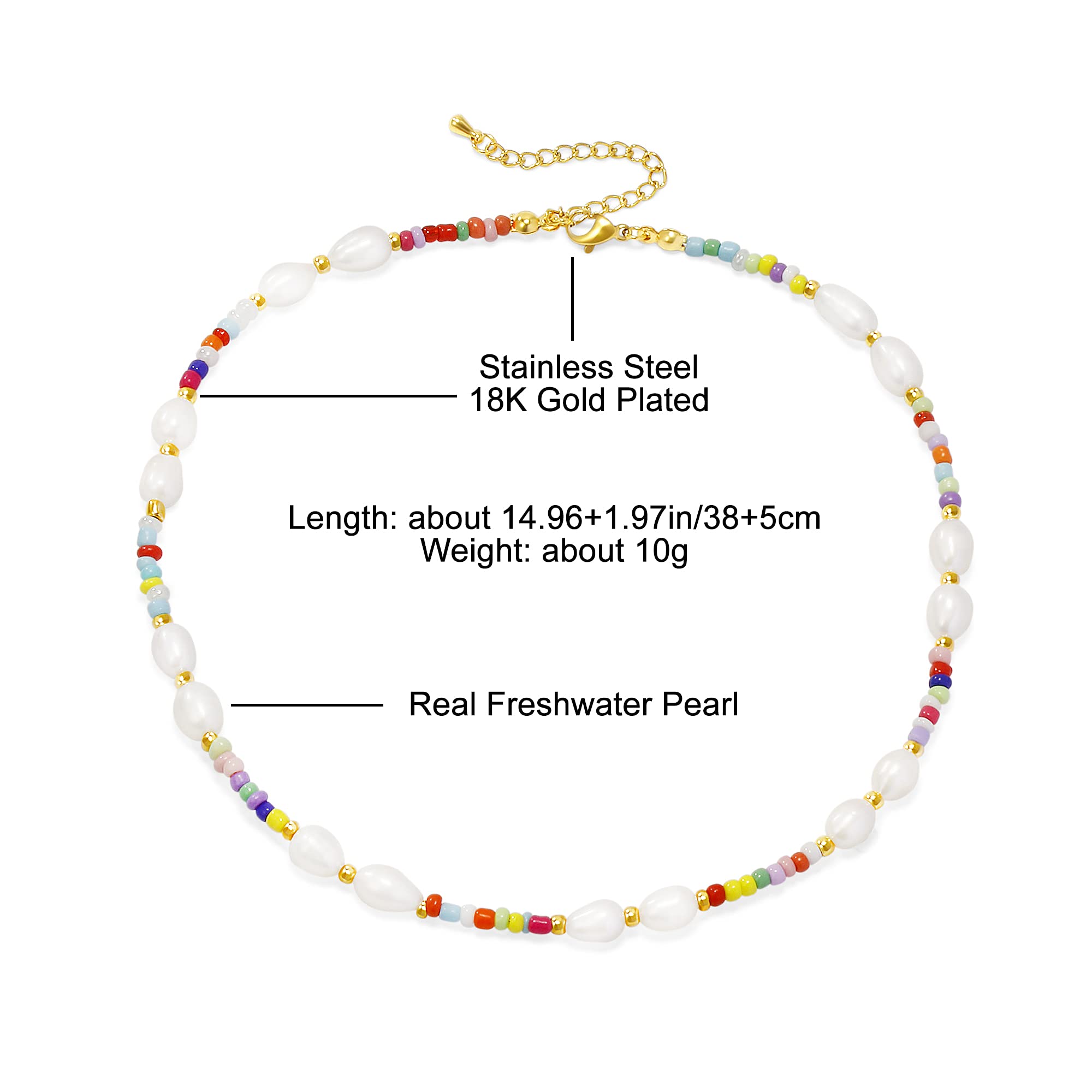 Wellike Freshwater Pearl Beaded Necklace for Women Handmade Boho Colorful Glass Beads Choker Necklace Stainless Steel 18K Gold Plated Bohemian Women Summer Jewelry Gifts
