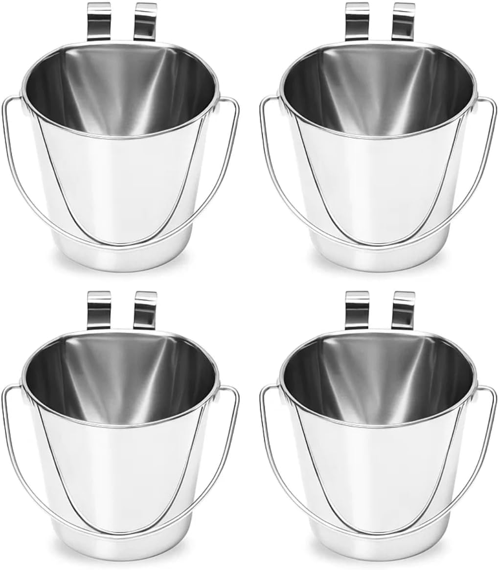 1 Quart Stainless Steel Flat Sided Bucket with Dual Hooks | 4 Pcs Durable Food & Water Bowl for Dog Cat Bird & Small Animals | Fits kennel Cage Crates Farm Hanging Pet Pail | Multipurpose