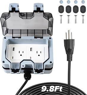 Outdoor Power Outlet Box with 9.8Ft Extension Cord, Type C & USB Ports, STW 14 AWG, NEMA 5-15R Dual Electrical Outlets, Weatherproof Waterproof IP66, Exterior Wall Socket with Cover for Garden