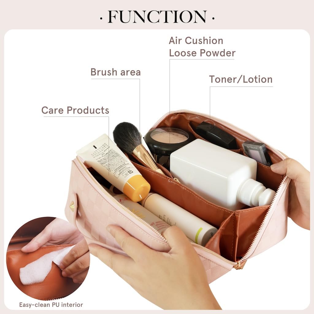Large Capacity Checkered Makeup Bag Portable Travel Cosmetic Bag for Women Girls Makeup Pouch Portable Zipper Bag (A-Pink)