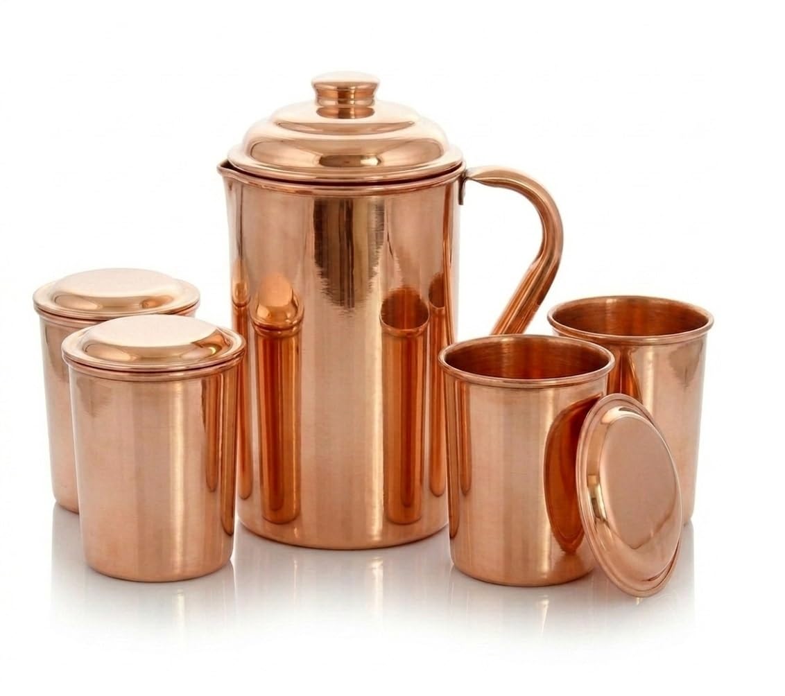 BRACOP® Miedziana karafka na wodę i szklany zestaw 1,5 litra miedziany dzbanek z 4 kubkami i pokrywkami Moscow Mule kubek szklanka dzbanek na wodę szczelny kubek naczynia do serwowania pojemnik do