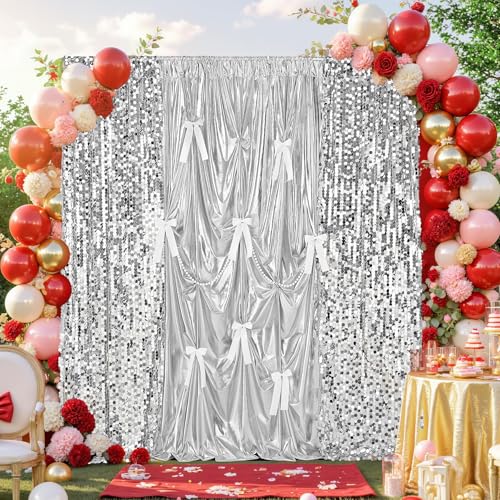 Silver Sequin Backdrop Curtain Panels 8.8x8ft