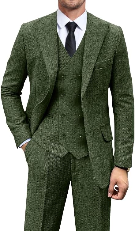 Vintage Tweed Herringbone Suits for Men 2 Button Slim Fit 3 Piece Formal Wool Suit ...