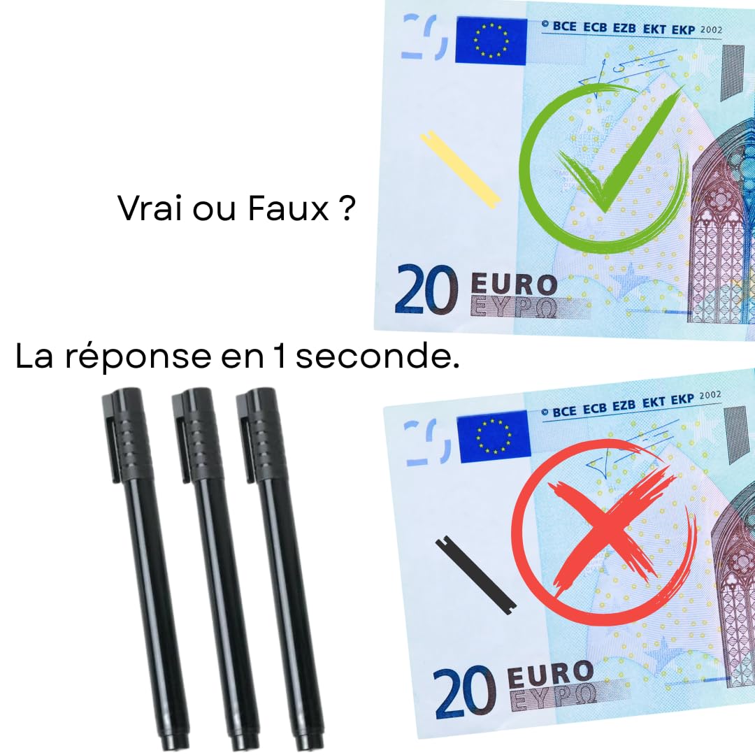 Générique stylo faux billets euros 2025 - Pack de 3 | Détection Immédiate faux billet banque Commerçant, Café, Restaurant | Euro Dollar