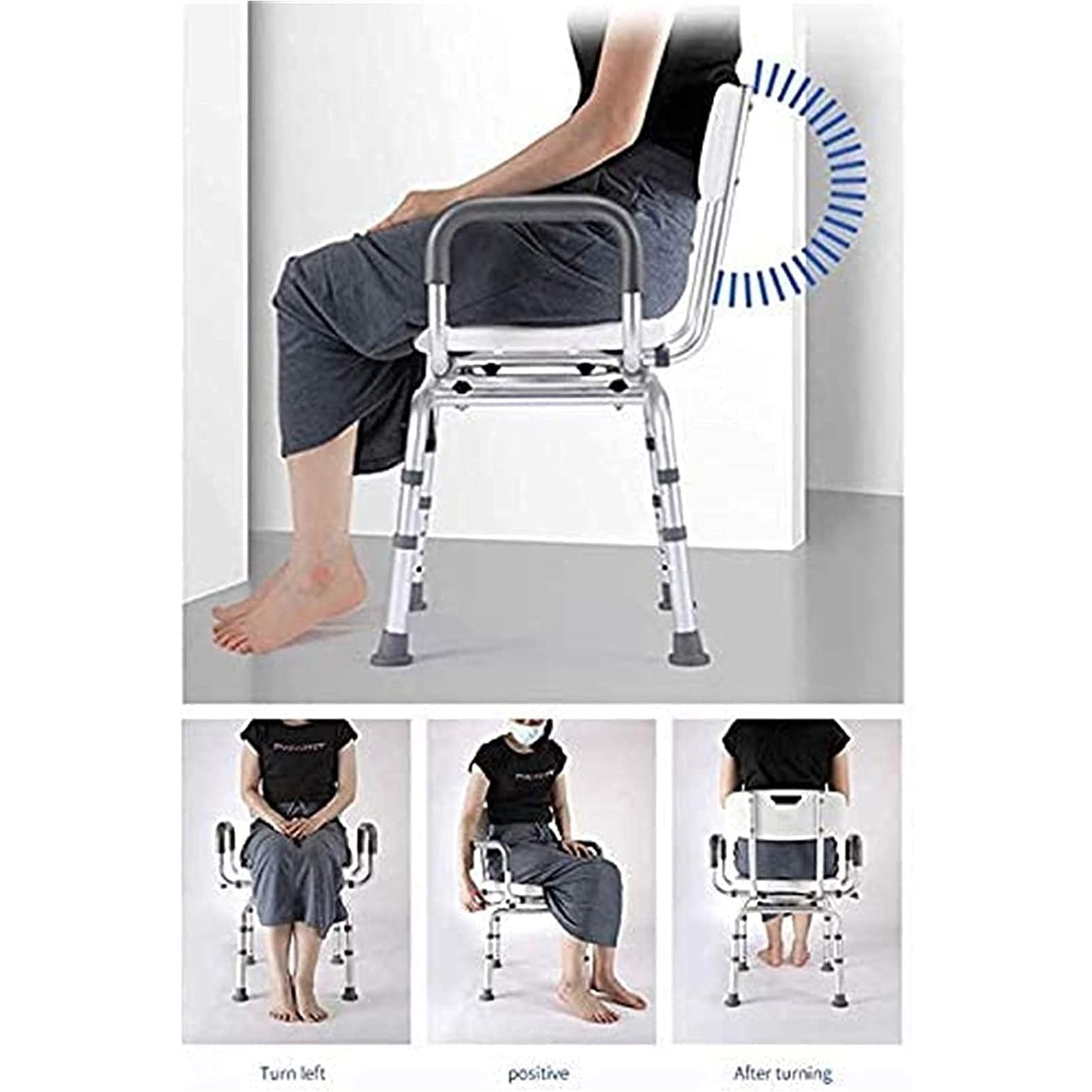 Asiento de Ducha, Banco de Transferencia de Asiento Silla Resistente, Taburete de Ducha con Asiento Giratorio Bañera Silla elevadora de Ducha y apoyabrazos Respaldo Ajustable en 4