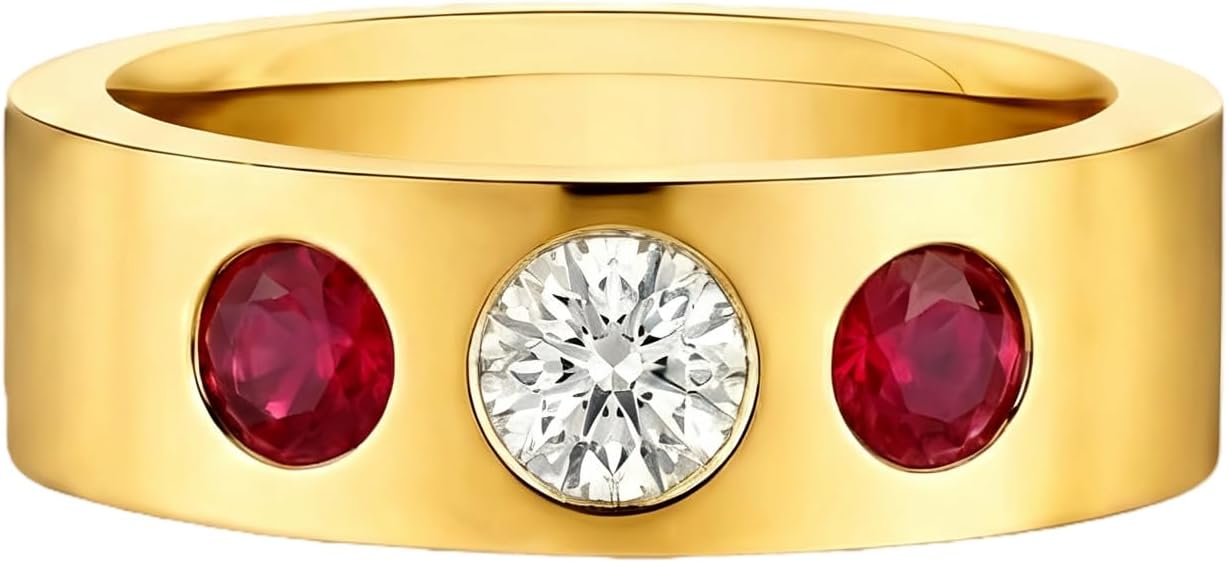 18K Three-Stone Ruby and Diamond Ring for Women | Round Cut Lab Grown Diamond Engagement Ring | Princess Cut Anniversary Wedding Gift