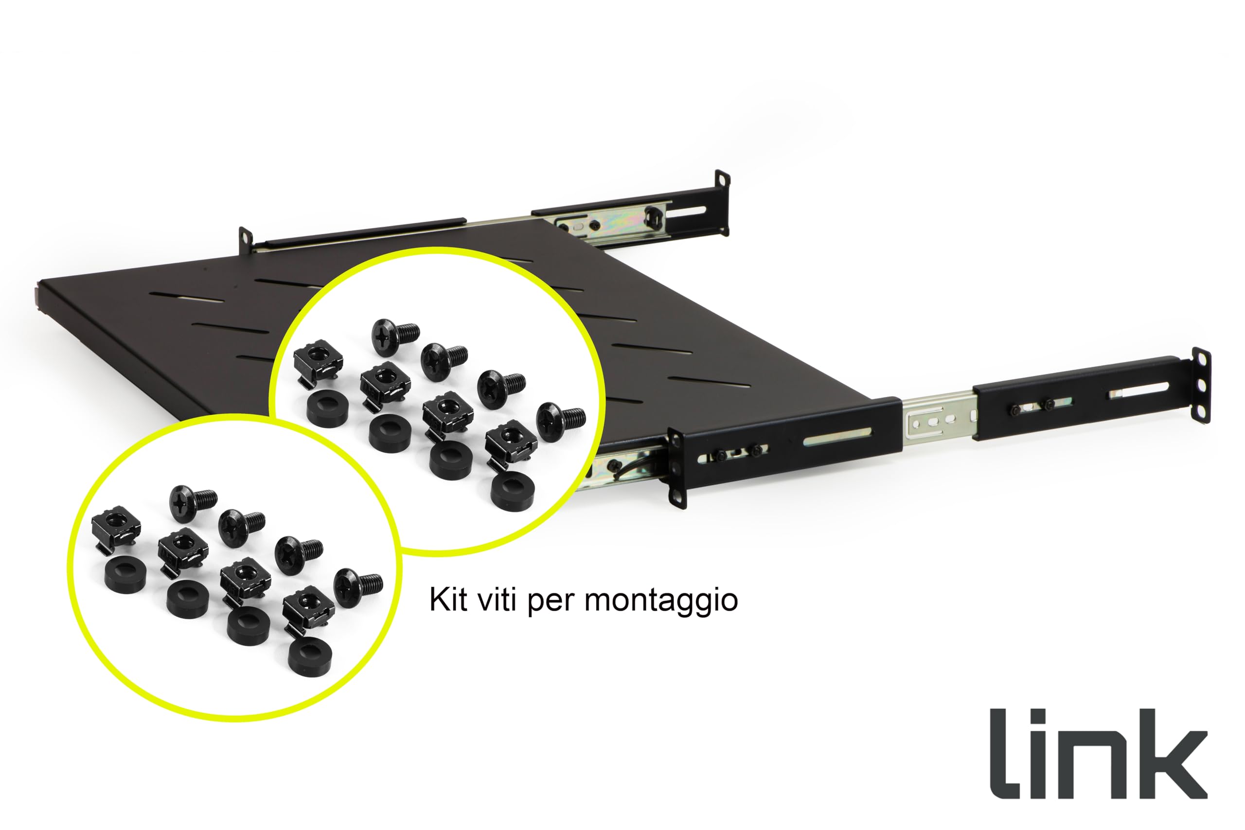 Link LKRIP350EN - Mensola Estraibile per Armadio Rack 19 Pollici Universale (48x35x4,5 cm, Nero RAL9005) – Acciaio Traforato per Ventilazione – Portata 40 kg e Kit Montaggio Incluso