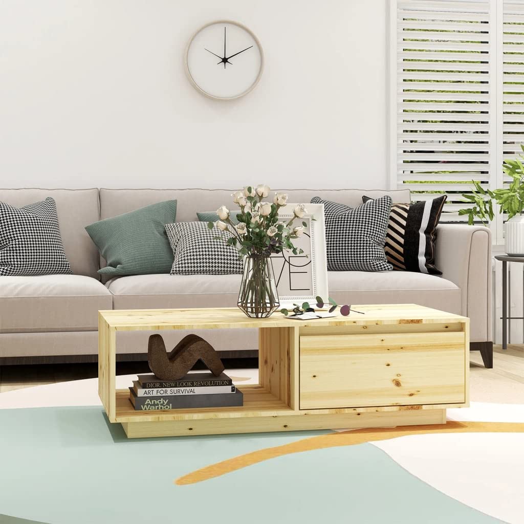 Mesa de centro de madera maciza de abeto con estante, mesa de centro robusta para salón, 110 x 50 x 33,5 cm, mesa estable para aperitivos y bebidas, diseño atemporal