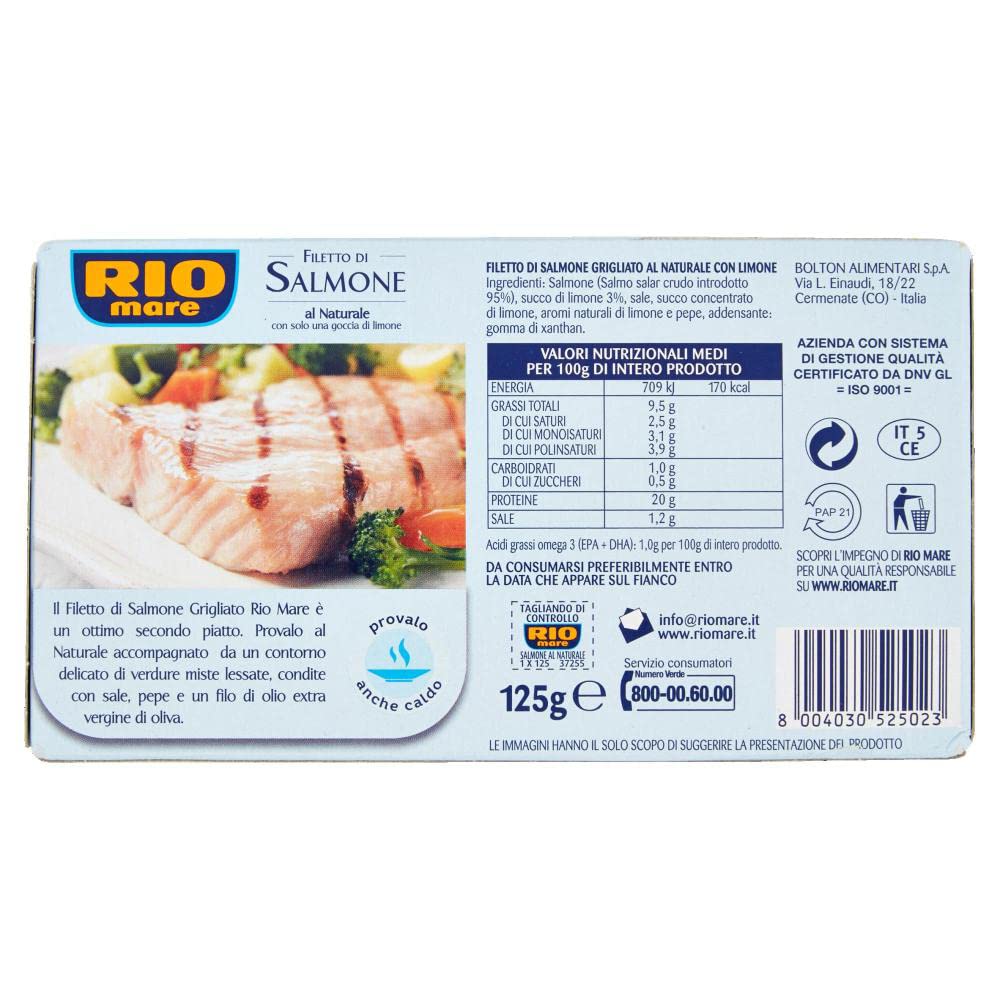 Rio Mare Filetto di Salmone Grigliato al Naturale con una goccia di limone Filete de salmón a la parrilla con una gota de limón 125 g rico en Omega 3