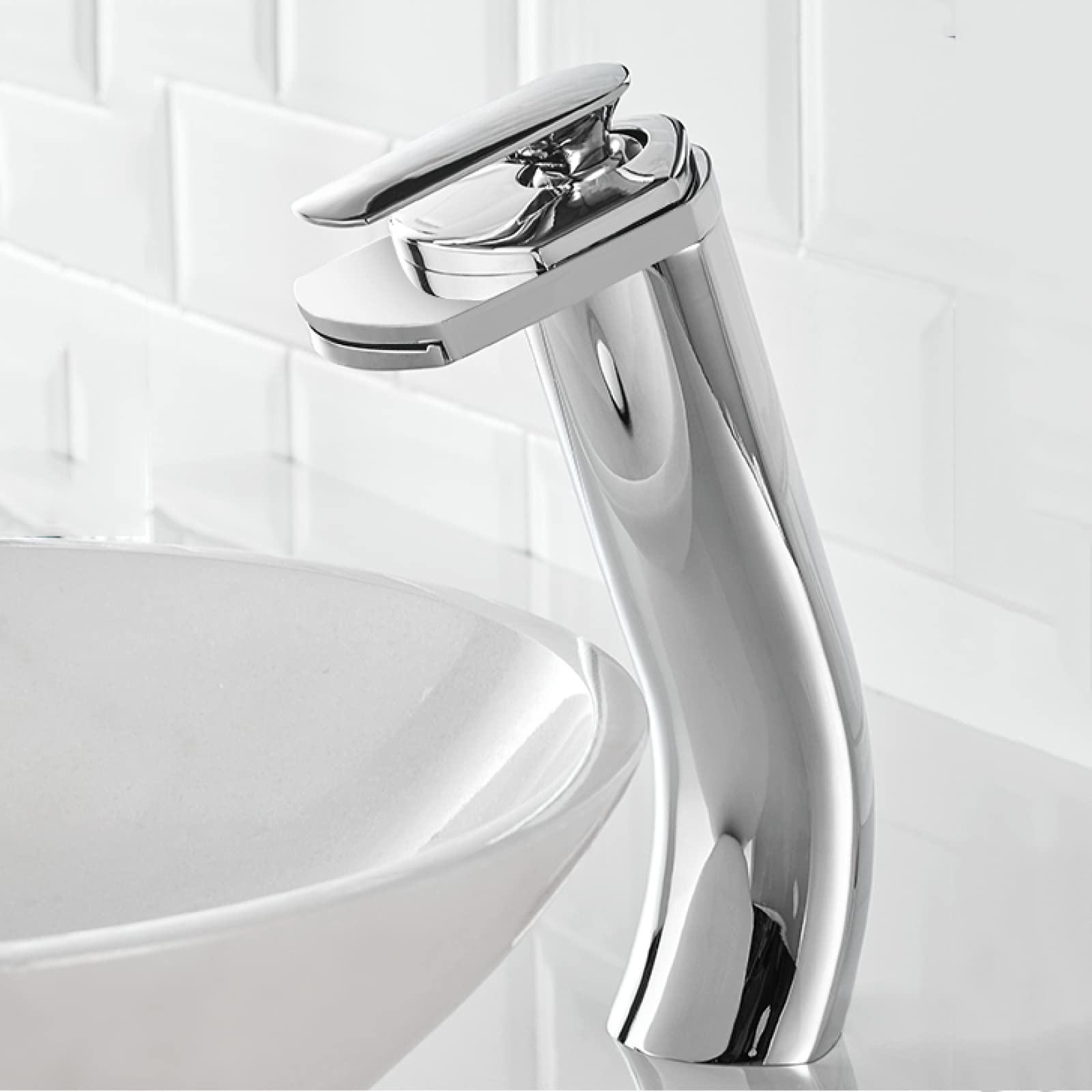 Rubinetto Miscelatore per lavabo da Bagno a Cascata, Cromato, in Ottone Massiccio, con erogazione di Acqua Calda e Fredda, monocomando Alto (Dimensioni: Alto)
