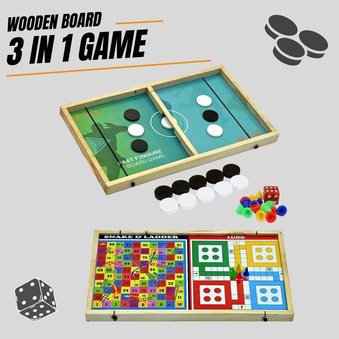 Signamio 3in1 Fastest Finger First String Sling Puck Air Ice Hockey, Ludo, Snake Wooden Board Games Set for Kids 10 Years - DN-1 2