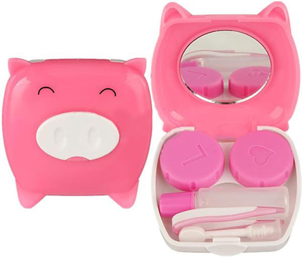 Travel Cartoon Piggy Contact Lens Case Mirror Tweezer Stick Holder Box