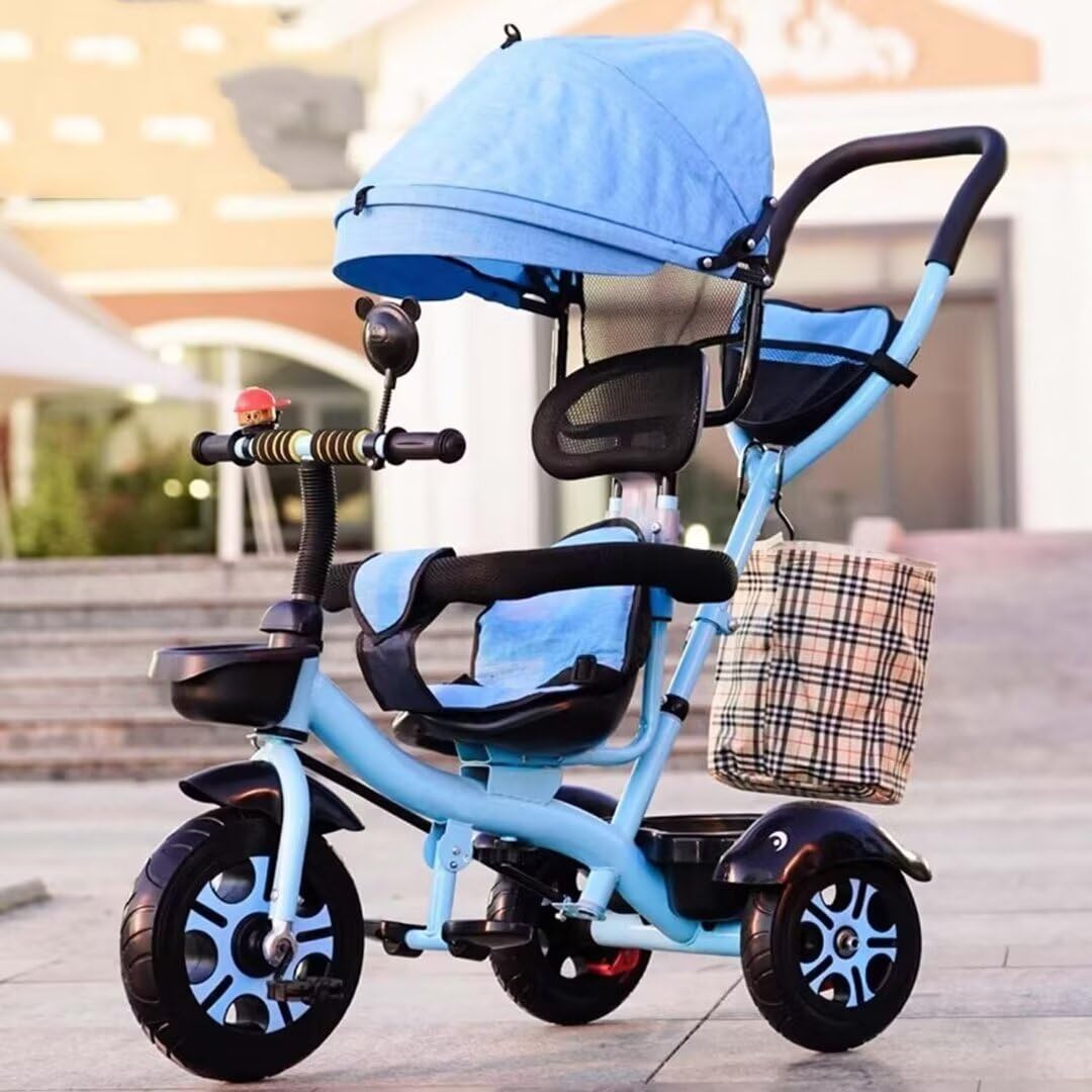 Parent Push Trike with Removable Canopy,4 in 1 Toddler Stroller for Age 1-5,high Back seat with Sponge guardrail,Swivel seat,Titanium Wheel,Rear Wheel Dual Brakes,Kids tricycles (blue titanium wheel)