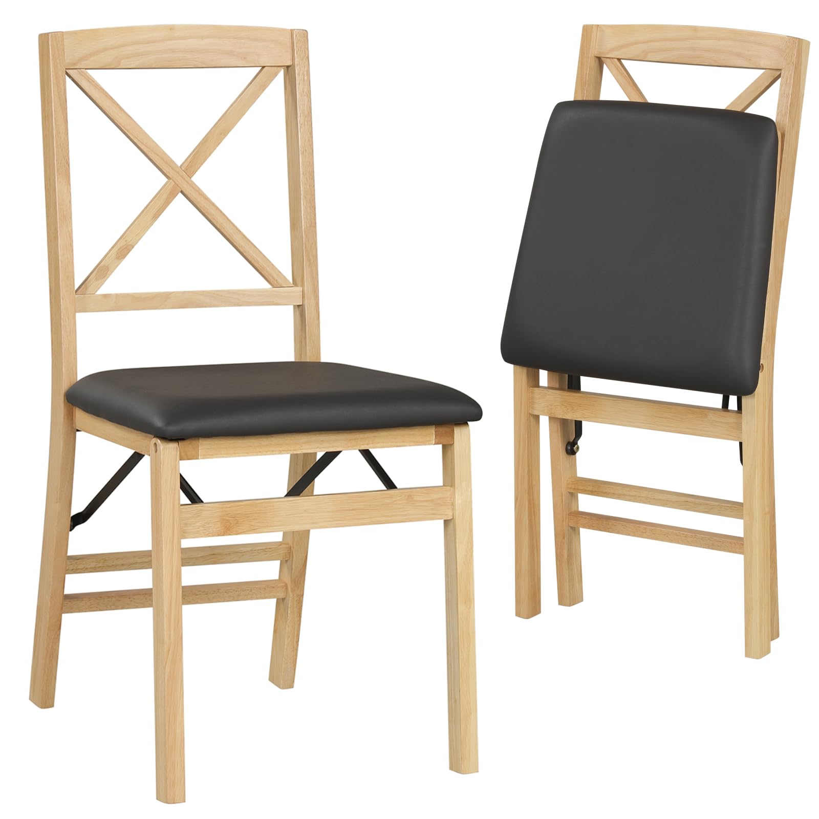 COSTWAY Padded Folding Chair Set of 2/4, Rubber Wood Counter Dining Chairs with Backrest, Upholstered Kitchen Office Conference Seats, 180kg Capacity (PVC Leather Seat, Cross Back, Natural+Black, 2)