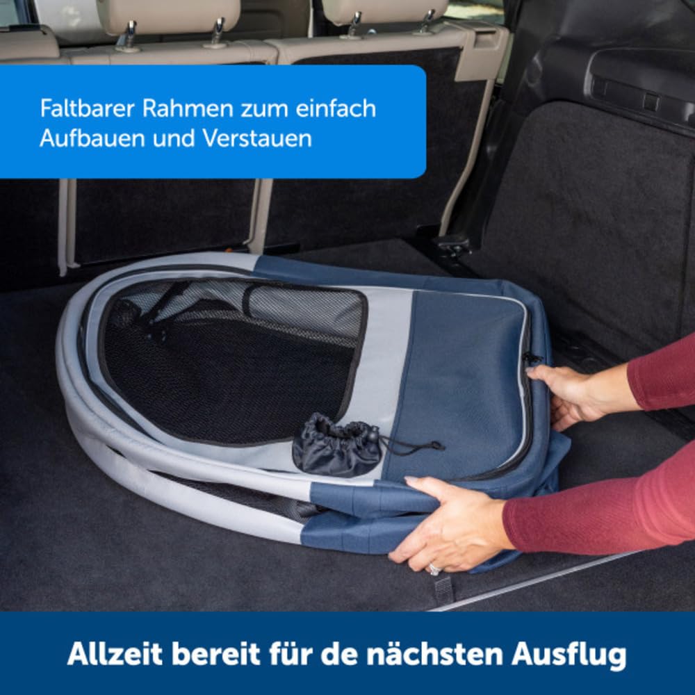 PetSafe Happy Ride Faltbare Transportbox - Sichere Reisebox mit robustem Aluminiumrahmen, Netzfenstern, praktischen Staufächern und sicherem Zugang zum Sicherheitsgurt -Haustierbox für Autofahrten